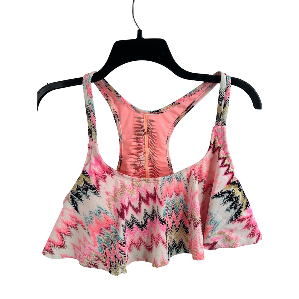 Arizona Jean Co Bikini Top Large Pink Chevron Ruffle Flounce Racerback Womens